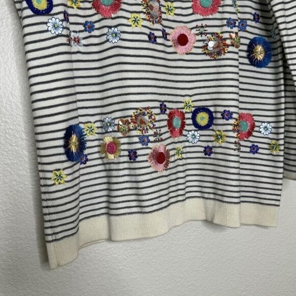 Talbots Sweater Medium Striped Floral Embroidery Beaded Embellish Bell Sleeve - Picture 6 of 16